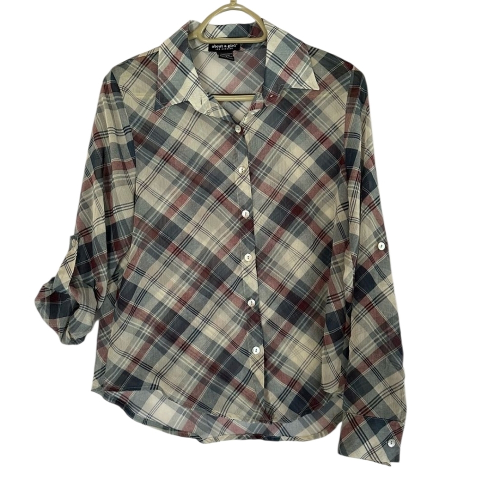 About A Girl Red and Blue Plaid Button Down Sheer Shirt